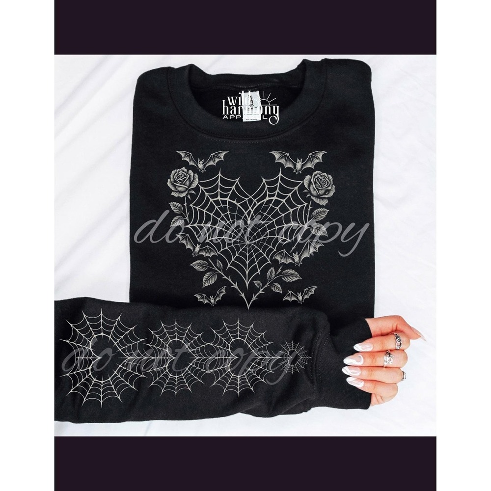 Wild Harmony Apparel Womens Black Bat Spiderweb Heart Rose Gothic Sweatshirt 2X